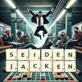 Kreative Illustration für ein Scrabble-Spiel, bei dem das Wort SEIDENJACKEN mit Steinen auf dem Brett gelegt wurde.