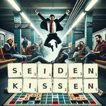 Kreative Illustration für ein Scrabble-Spiel, bei dem das Wort SEIDENKISSEN mit Steinen auf dem Brett gelegt wurde.