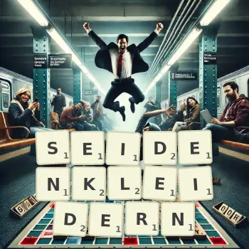 Kreative Illustration für ein Scrabble-Spiel, bei dem das Wort SEIDENKLEIDERN mit Steinen auf dem Brett gelegt wurde.