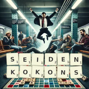 Kreative Illustration für ein Scrabble-Spiel, bei dem das Wort SEIDENKOKONS mit Steinen auf dem Brett gelegt wurde.