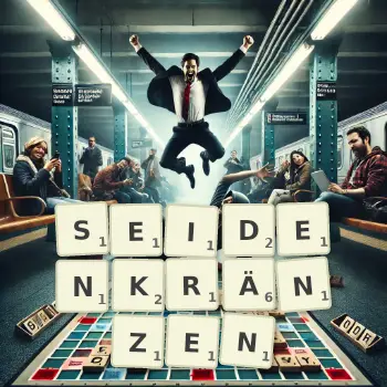 Kreative Illustration für ein Scrabble-Spiel, bei dem das Wort SEIDENKRÄNZEN mit Steinen auf dem Brett gelegt wurde.