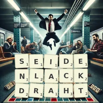 Kreative Illustration für ein Scrabble-Spiel, bei dem das Wort SEIDENLACKDRAHT mit Steinen auf dem Brett gelegt wurde.