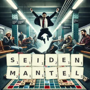 Kreative Illustration für ein Scrabble-Spiel, bei dem das Wort SEIDENMANTEL mit Steinen auf dem Brett gelegt wurde.