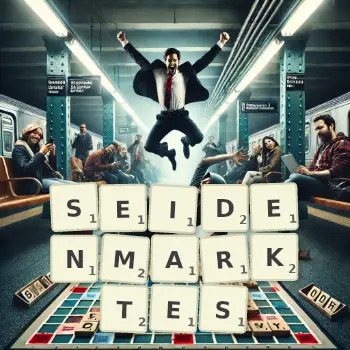 Kreative Illustration für ein Scrabble-Spiel, bei dem das Wort SEIDENMARKTES mit Steinen auf dem Brett gelegt wurde.