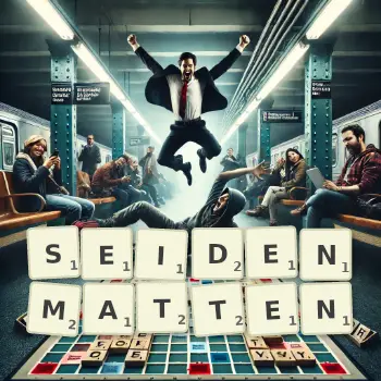 Kreative Illustration für ein Scrabble-Spiel, bei dem das Wort SEIDENMATTEN mit Steinen auf dem Brett gelegt wurde.