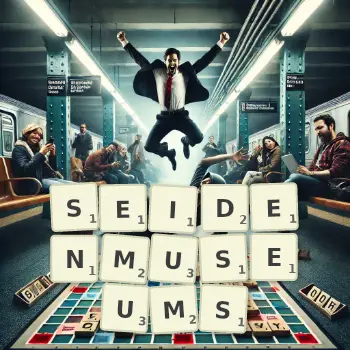Kreative Illustration für ein Scrabble-Spiel, bei dem das Wort SEIDENMUSEUMS mit Steinen auf dem Brett gelegt wurde.