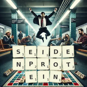 Kreative Illustration für ein Scrabble-Spiel, bei dem das Wort SEIDENPROTEIN mit Steinen auf dem Brett gelegt wurde.