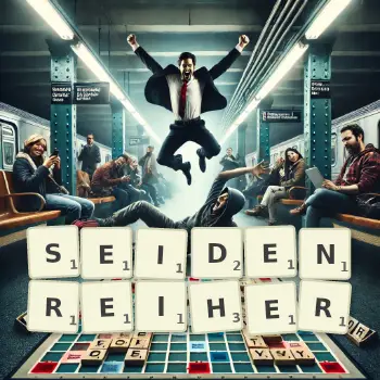 Kreative Illustration für ein Scrabble-Spiel, bei dem das Wort SEIDENREIHER mit Steinen auf dem Brett gelegt wurde.