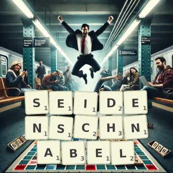 Kreative Illustration für ein Scrabble-Spiel, bei dem das Wort SEIDENSCHNABEL mit Steinen auf dem Brett gelegt wurde.