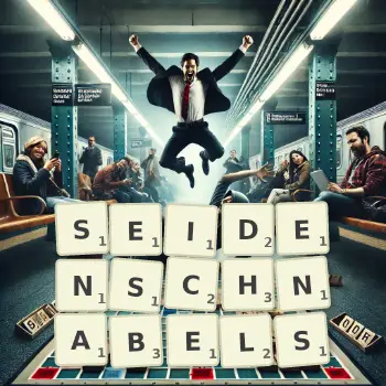 Kreative Illustration für ein Scrabble-Spiel, bei dem das Wort SEIDENSCHNABELS mit Steinen auf dem Brett gelegt wurde.