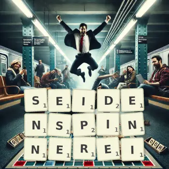 Kreative Illustration für ein Scrabble-Spiel, bei dem das Wort SEIDENSPINNEREI mit Steinen auf dem Brett gelegt wurde.