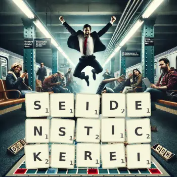 Kreative Illustration für ein Scrabble-Spiel, bei dem das Wort SEIDENSTICKEREI mit Steinen auf dem Brett gelegt wurde.