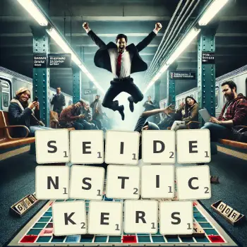 Kreative Illustration für ein Scrabble-Spiel, bei dem das Wort SEIDENSTICKERS mit Steinen auf dem Brett gelegt wurde.