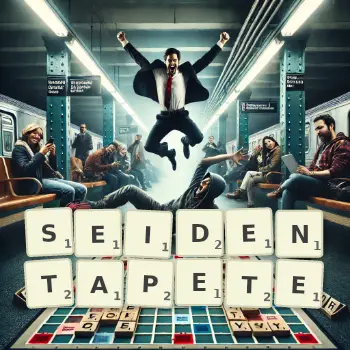 Kreative Illustration für ein Scrabble-Spiel, bei dem das Wort SEIDENTAPETE mit Steinen auf dem Brett gelegt wurde.