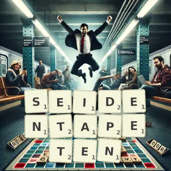 Kreative Illustration für ein Scrabble-Spiel, bei dem das Wort SEIDENTAPETEN mit Steinen auf dem Brett gelegt wurde.