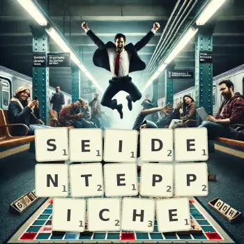 Kreative Illustration für ein Scrabble-Spiel, bei dem das Wort SEIDENTEPPICHE mit Steinen auf dem Brett gelegt wurde.