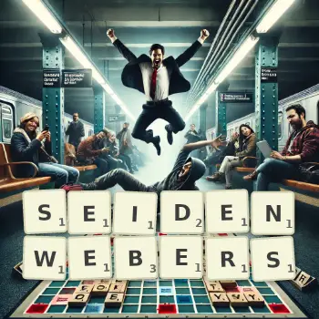 Kreative Illustration für ein Scrabble-Spiel, bei dem das Wort SEIDENWEBERS mit Steinen auf dem Brett gelegt wurde.