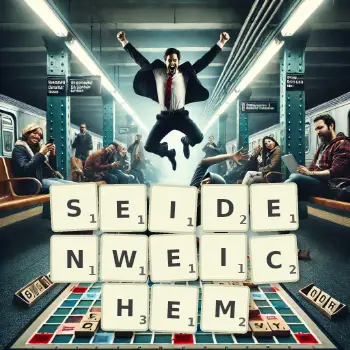 Kreative Illustration für ein Scrabble-Spiel, bei dem das Wort SEIDENWEICHEM mit Steinen auf dem Brett gelegt wurde.