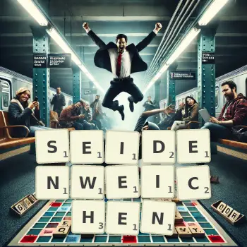Kreative Illustration für ein Scrabble-Spiel, bei dem das Wort SEIDENWEICHEN mit Steinen auf dem Brett gelegt wurde.