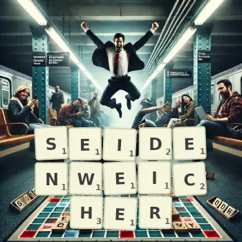 Kreative Illustration für ein Scrabble-Spiel, bei dem das Wort SEIDENWEICHER mit Steinen auf dem Brett gelegt wurde.