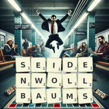 Kreative Illustration für ein Scrabble-Spiel, bei dem das Wort SEIDENWOLLBAUMS mit Steinen auf dem Brett gelegt wurde.