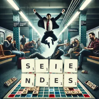 Kreative Illustration für ein Scrabble-Spiel, bei dem das Wort SEIENDES mit Steinen auf dem Brett gelegt wurde.