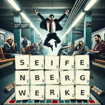 Kreative Illustration für ein Scrabble-Spiel, bei dem das Wort SEIFENBERGWERKE mit Steinen auf dem Brett gelegt wurde.