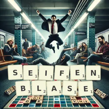 Kreative Illustration für ein Scrabble-Spiel, bei dem das Wort SEIFENBLASE mit Steinen auf dem Brett gelegt wurde.