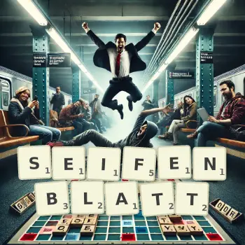 Kreative Illustration für ein Scrabble-Spiel, bei dem das Wort SEIFENBLATT mit Steinen auf dem Brett gelegt wurde.