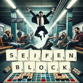 Kreative Illustration für ein Scrabble-Spiel, bei dem das Wort SEIFENBLOCK mit Steinen auf dem Brett gelegt wurde.