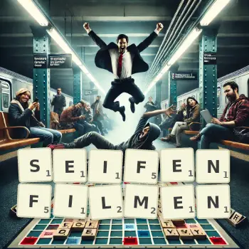 Kreative Illustration für ein Scrabble-Spiel, bei dem das Wort SEIFENFILMEN mit Steinen auf dem Brett gelegt wurde.