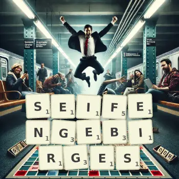 Kreative Illustration für ein Scrabble-Spiel, bei dem das Wort SEIFENGEBIRGES mit Steinen auf dem Brett gelegt wurde.