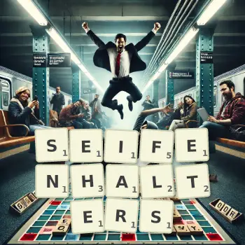 Kreative Illustration für ein Scrabble-Spiel, bei dem das Wort SEIFENHALTERS mit Steinen auf dem Brett gelegt wurde.