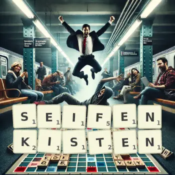 Kreative Illustration für ein Scrabble-Spiel, bei dem das Wort SEIFENKISTEN mit Steinen auf dem Brett gelegt wurde.