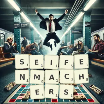 Kreative Illustration für ein Scrabble-Spiel, bei dem das Wort SEIFENMACHERS mit Steinen auf dem Brett gelegt wurde.