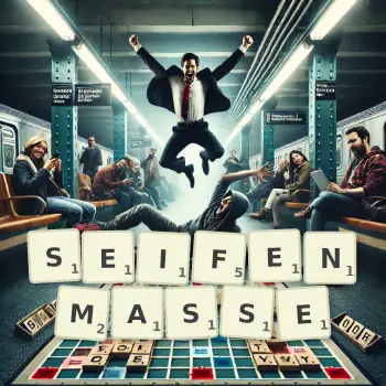 Kreative Illustration für ein Scrabble-Spiel, bei dem das Wort SEIFENMASSE mit Steinen auf dem Brett gelegt wurde.