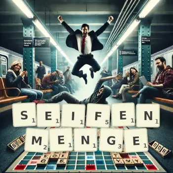 Kreative Illustration für ein Scrabble-Spiel, bei dem das Wort SEIFENMENGE mit Steinen auf dem Brett gelegt wurde.