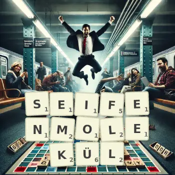 Kreative Illustration für ein Scrabble-Spiel, bei dem das Wort SEIFENMOLEKÜL mit Steinen auf dem Brett gelegt wurde.