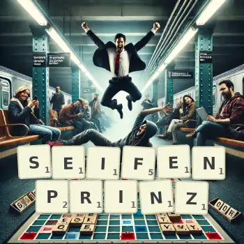 Kreative Illustration für ein Scrabble-Spiel, bei dem das Wort SEIFENPRINZ mit Steinen auf dem Brett gelegt wurde.