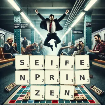 Kreative Illustration für ein Scrabble-Spiel, bei dem das Wort SEIFENPRINZEN mit Steinen auf dem Brett gelegt wurde.