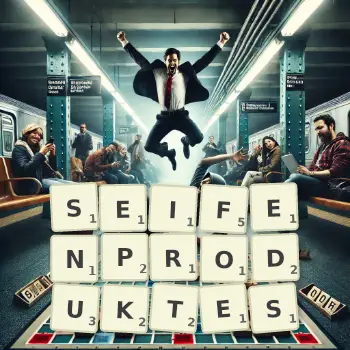 Kreative Illustration für ein Scrabble-Spiel, bei dem das Wort SEIFENPRODUKTES mit Steinen auf dem Brett gelegt wurde.
