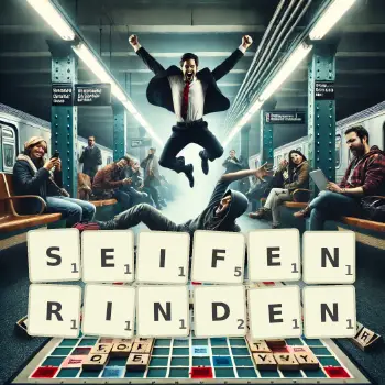 Kreative Illustration für ein Scrabble-Spiel, bei dem das Wort SEIFENRINDEN mit Steinen auf dem Brett gelegt wurde.