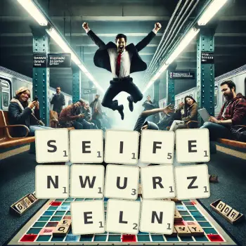 Kreative Illustration für ein Scrabble-Spiel, bei dem das Wort SEIFENWURZELN mit Steinen auf dem Brett gelegt wurde.