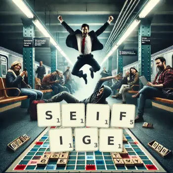 Kreative Illustration für ein Scrabble-Spiel, bei dem das Wort SEIFIGE mit Steinen auf dem Brett gelegt wurde.