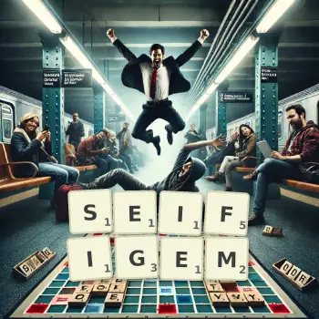 Kreative Illustration für ein Scrabble-Spiel, bei dem das Wort SEIFIGEM mit Steinen auf dem Brett gelegt wurde.