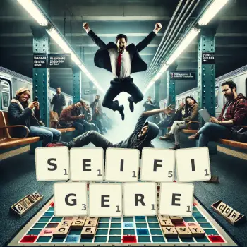 Kreative Illustration für ein Scrabble-Spiel, bei dem das Wort SEIFIGERE mit Steinen auf dem Brett gelegt wurde.