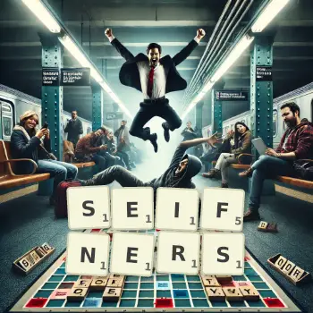 Kreative Illustration für ein Scrabble-Spiel, bei dem das Wort SEIFNERS mit Steinen auf dem Brett gelegt wurde.