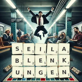 Kreative Illustration für ein Scrabble-Spiel, bei dem das Wort SEILABLENKUNGEN mit Steinen auf dem Brett gelegt wurde.