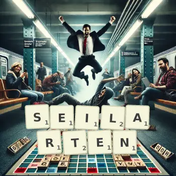 Kreative Illustration für ein Scrabble-Spiel, bei dem das Wort SEILARTEN mit Steinen auf dem Brett gelegt wurde.