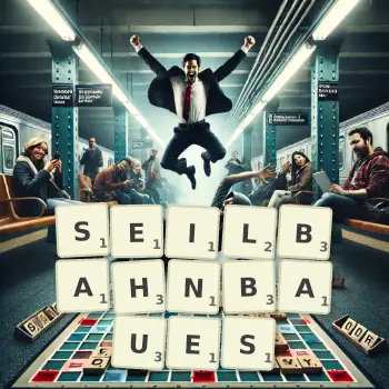 Kreative Illustration für ein Scrabble-Spiel, bei dem das Wort SEILBAHNBAUES mit Steinen auf dem Brett gelegt wurde.